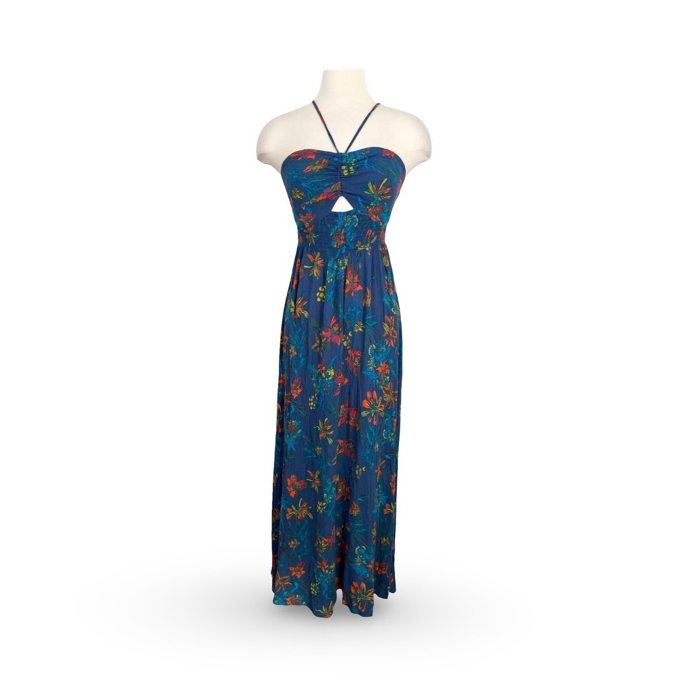Free People Womens Medium One Step Ahead Maxi Dress in Blue Floral Halter